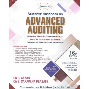 Padhuka's Students Handbook on Advanced Auditing including MCQs for CA Final May 2022 Exam [New Syllabus] by CA. G. Sekar, CA. B. Saravana Prasath | Commercial Law Publisher